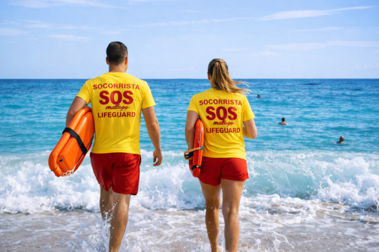 Socorrista vigilando la playa de Málaga para la seguridad infantil frente a niños perdidos – SOS Málaga